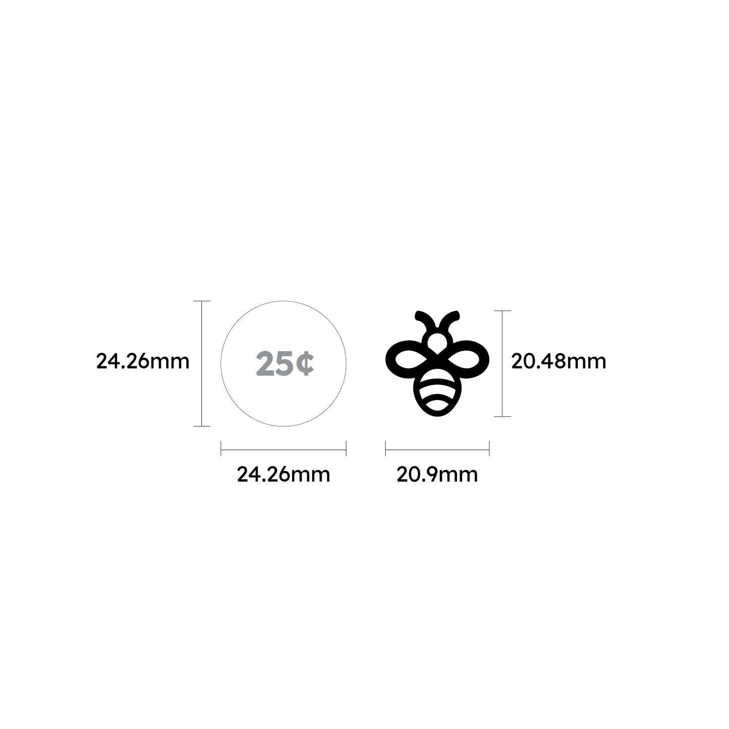 Schematic drawing of a bee earring size (20.48mm x 20.9mm) in relation to a U.S. quarter (24.26mm)